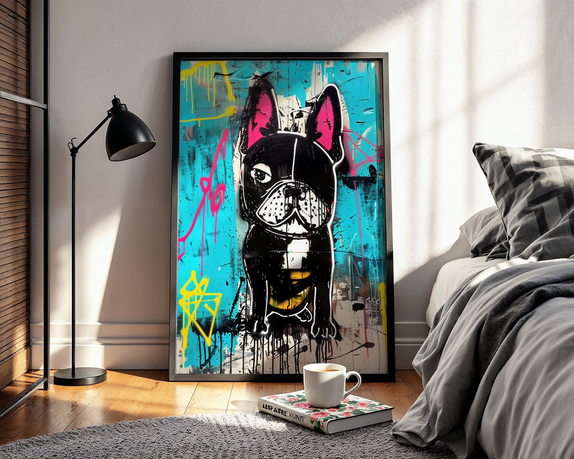 Framed maximalist street art print of a French Bulldog on a wall in a stylish modern bedroom interior
