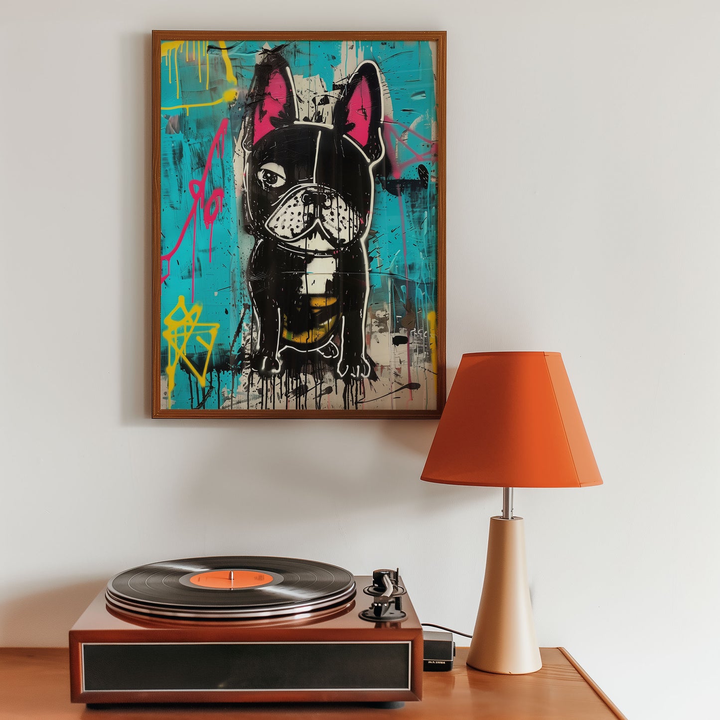 Framed artwork of a dog with a colorful dopamine decor background above a record player on a wooden surface.