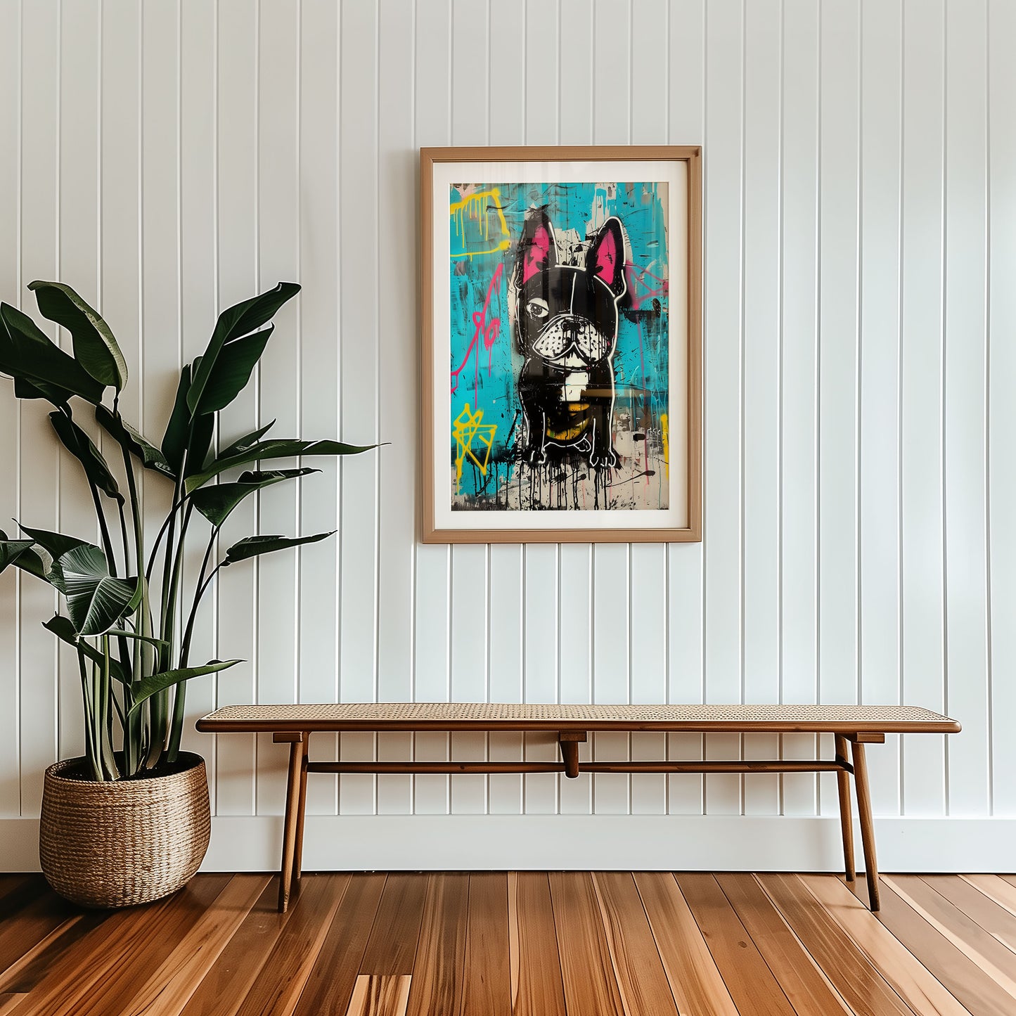 Mid-century modern maximalist street art print of a french bulldog styled in clean Scandinavian inspired living space