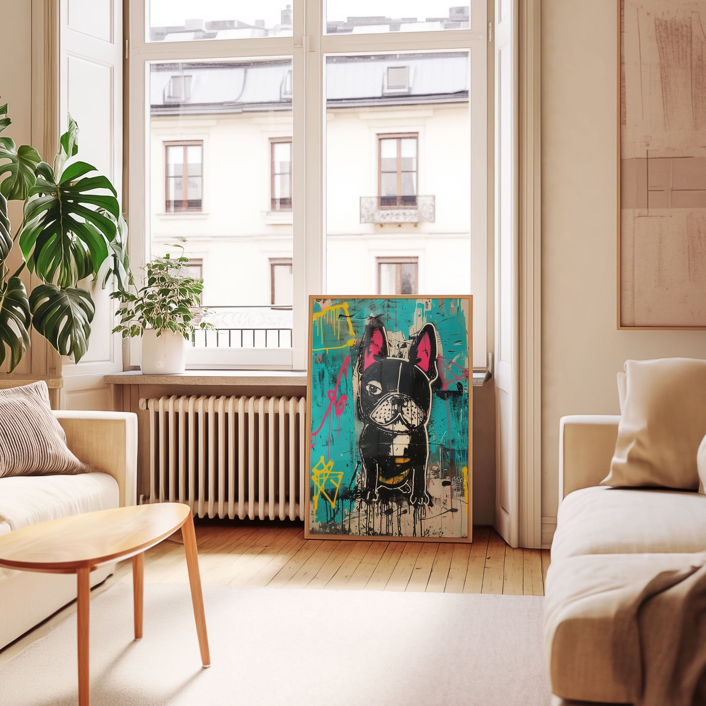 dopamine decor style poster of a French bulldog adding bold accent to cool home interior
