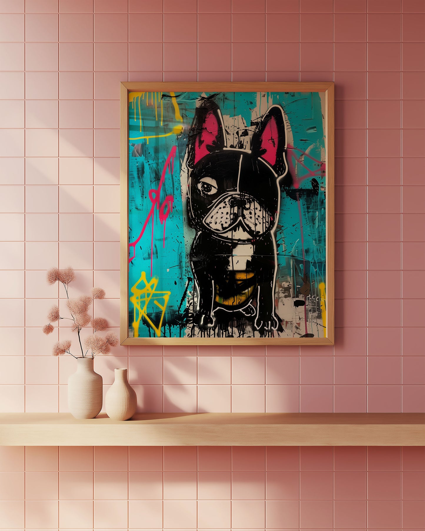 Banksy style dog artwork of a dog with colorful abstract design on a pink tiled bathroom wall.