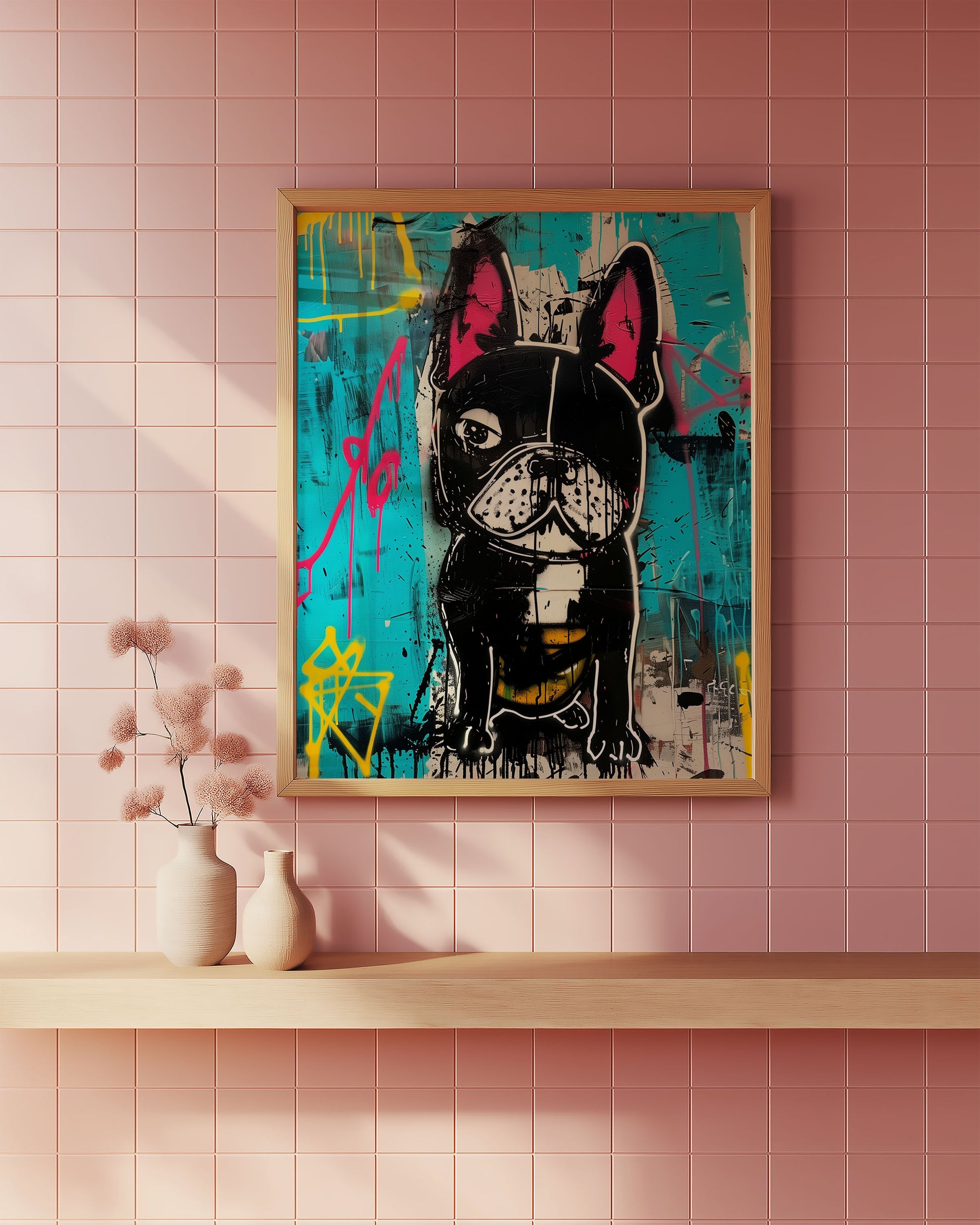 Banksy style dog artwork of a dog with colorful abstract design on a pink tiled bathroom wall.