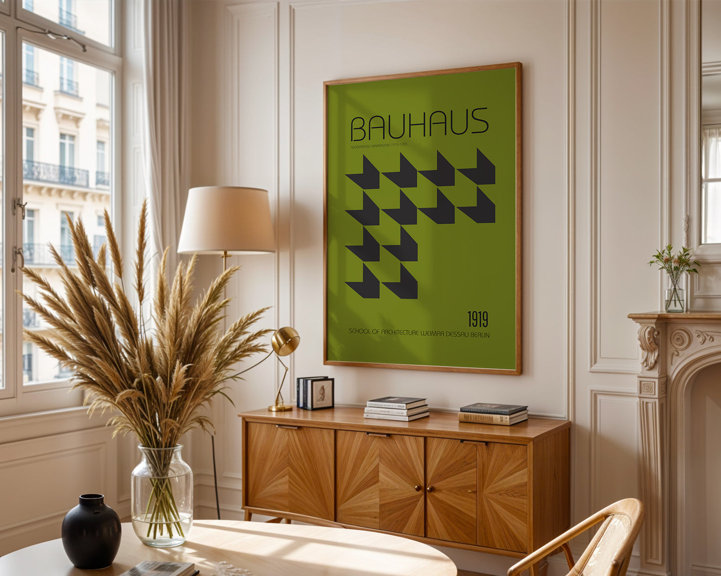 Modern interior with a Bauhaus poster on the wall, wooden cabinet, and decorative items.