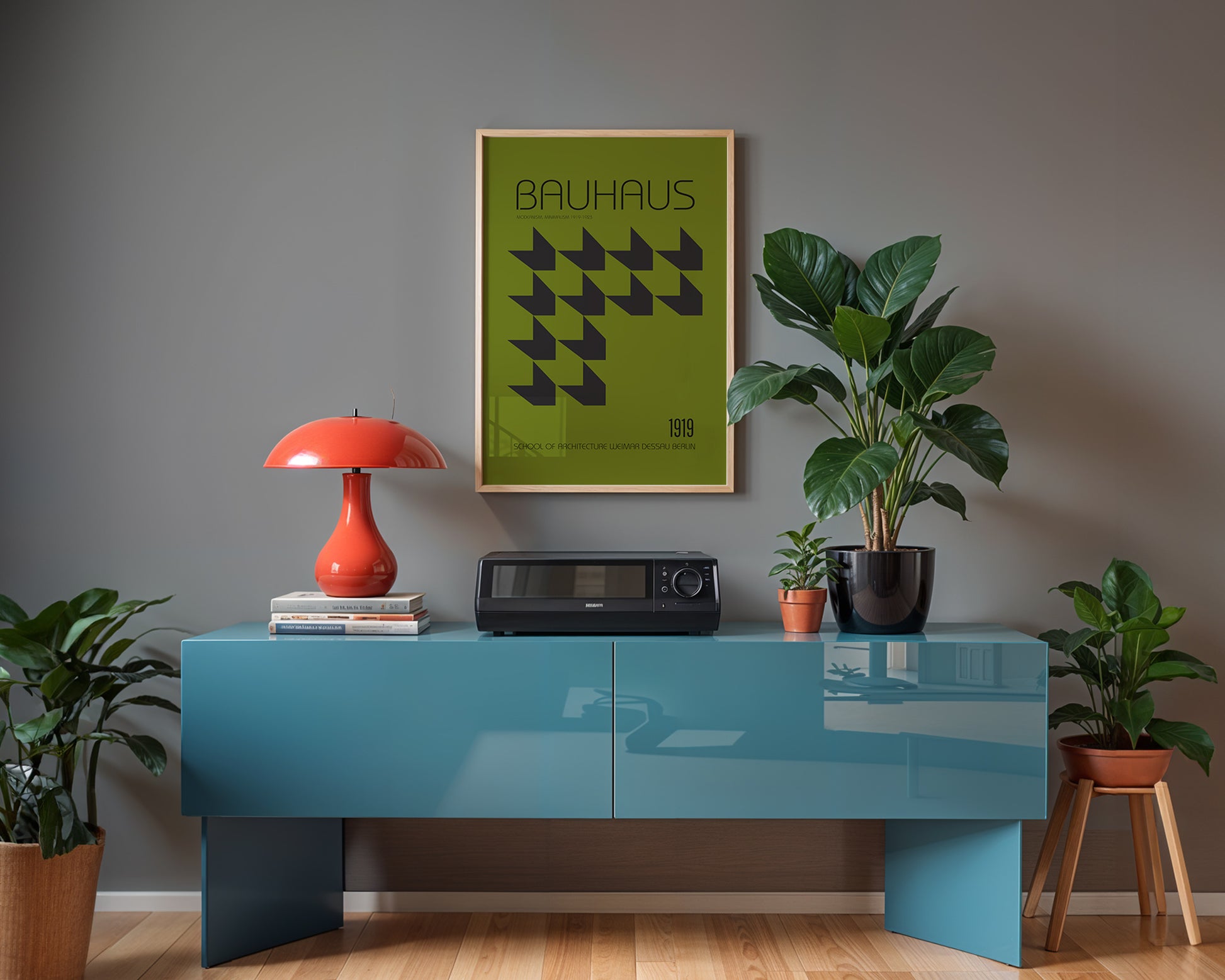 Modern interior with a blue console table, red lamp, green poster, and plants.