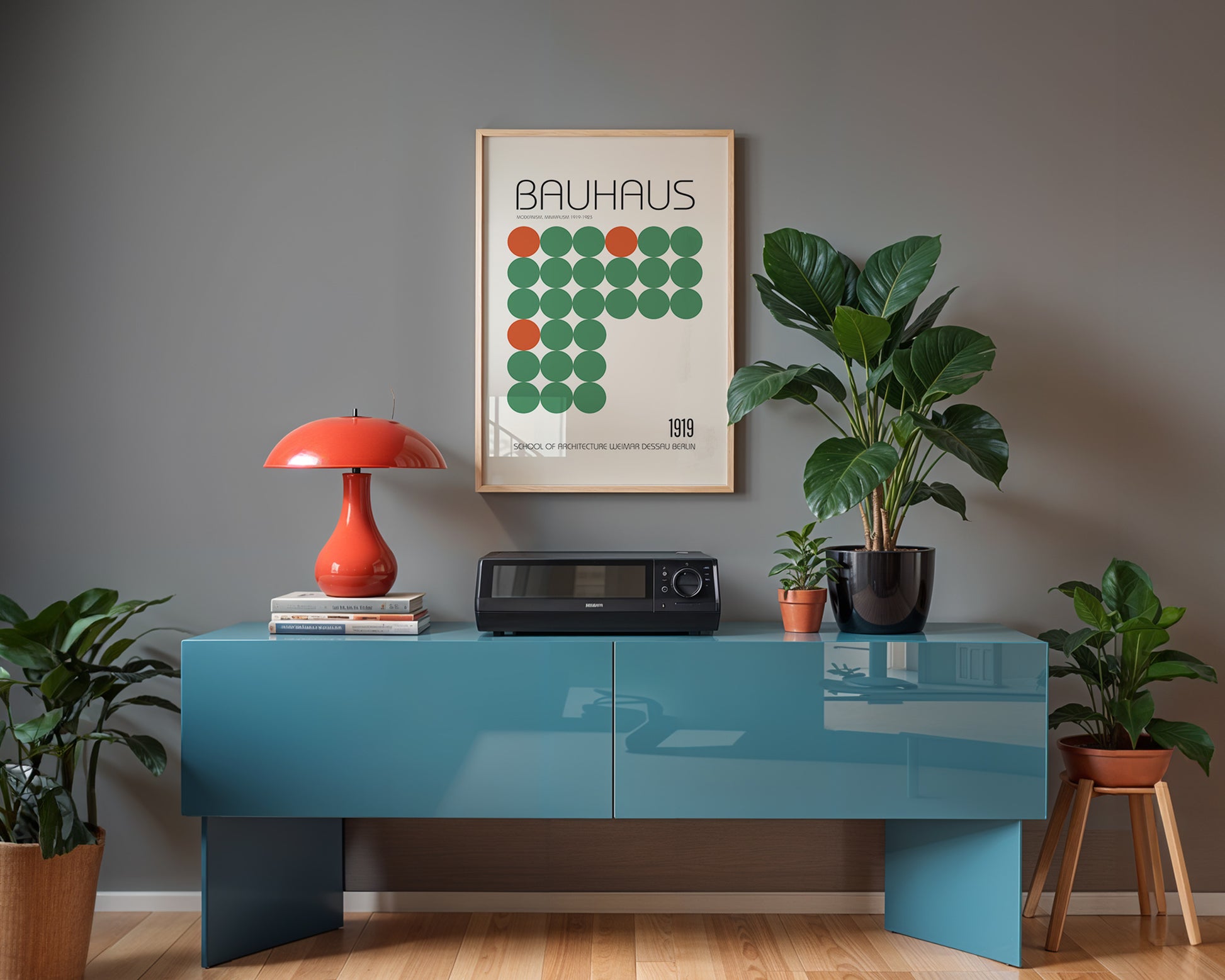 Framed mid-century style wall art print styled against minimalist interior wall