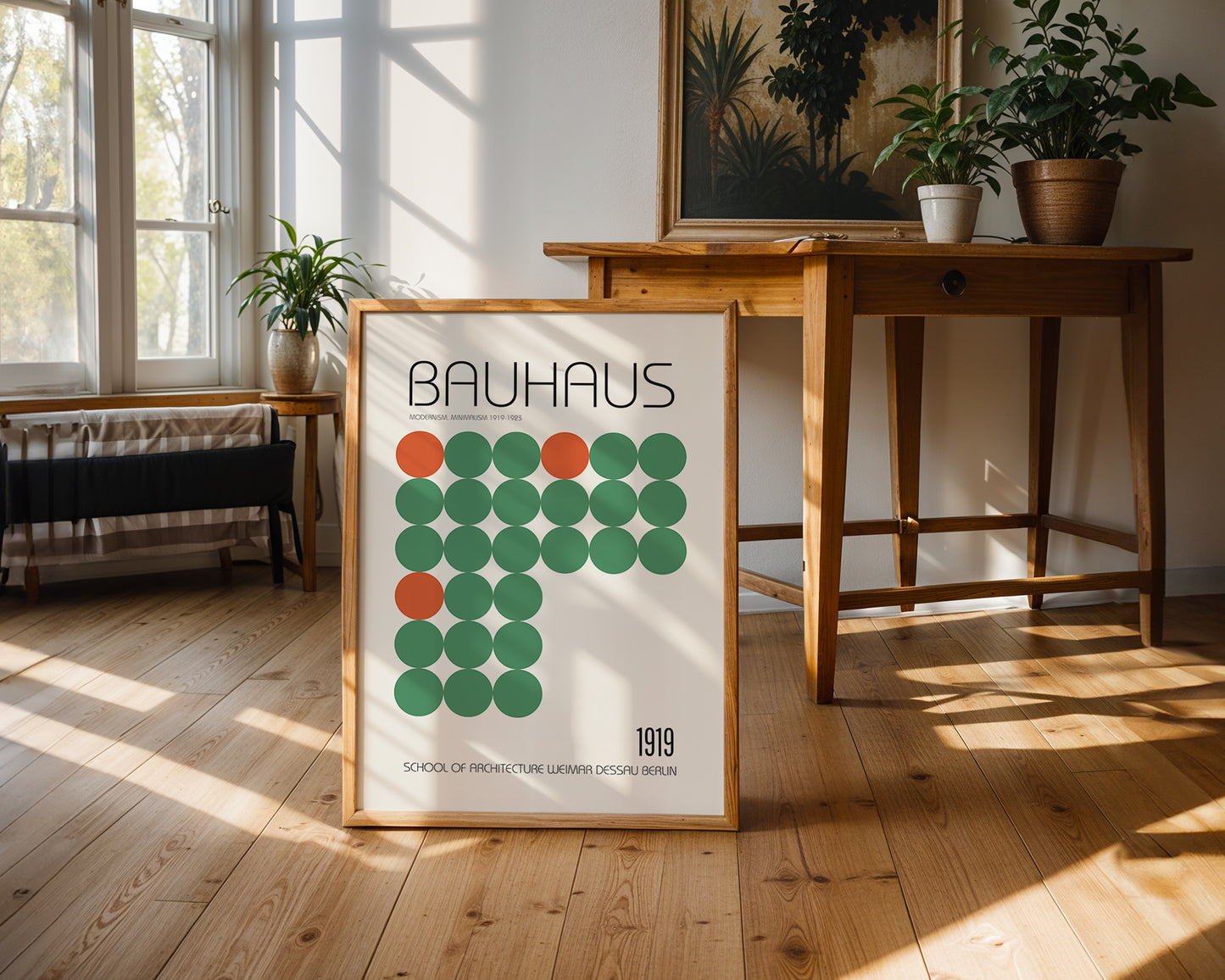 Mid-century modern poster styled in clean Scandinavian inspired living space