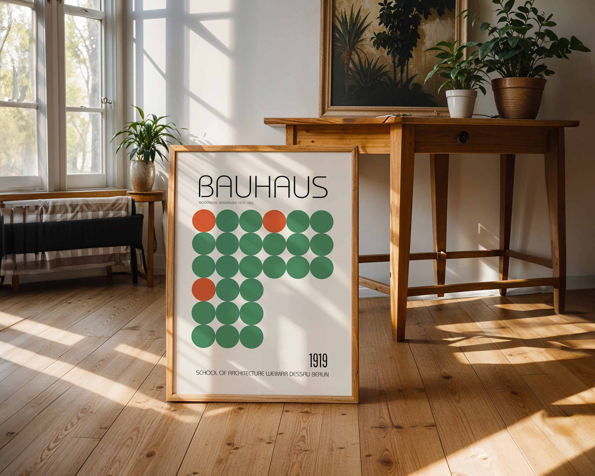 Mid-century modern poster styled in clean Scandinavian inspired living space