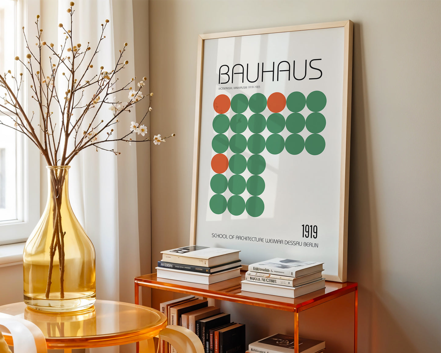 Colourful mid-century style poster adding bold accent to modern home interior