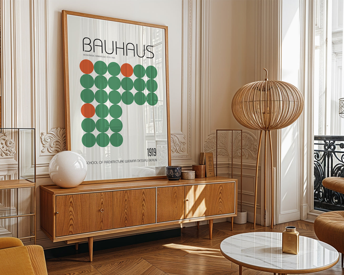 Modern living room with wooden cabinet, round table, and Bauhaus art on the wall.