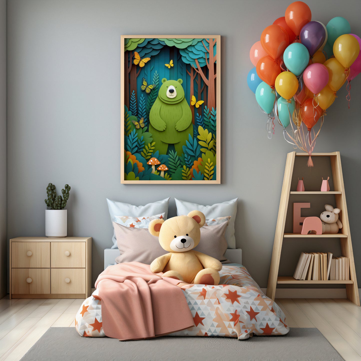 Girls bedroom with a teddy bear on a bed, colorful balloons, and a forest-themed wall art.