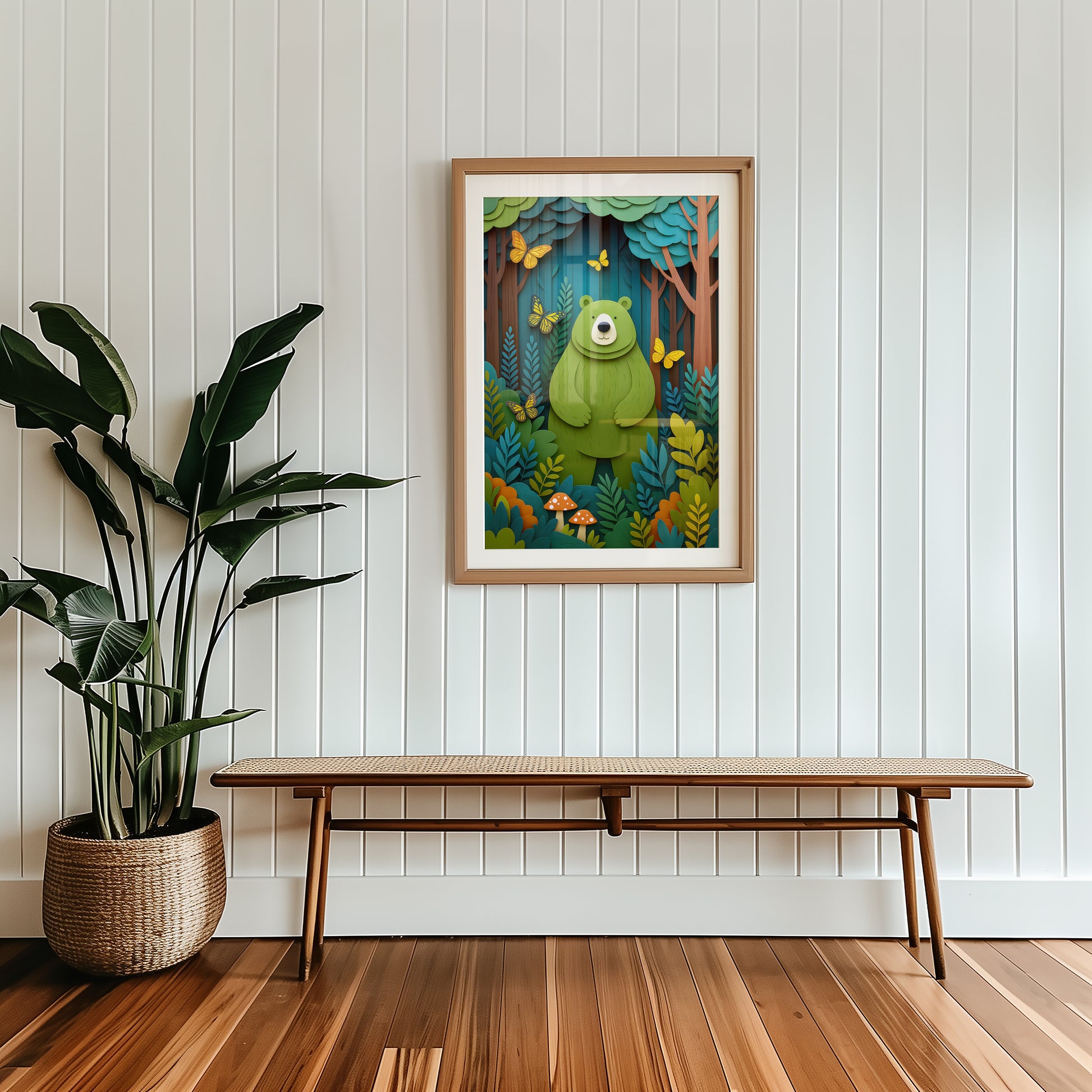 Framed artwork of a green bear in a forest scene in a mid centaury stylish room. 