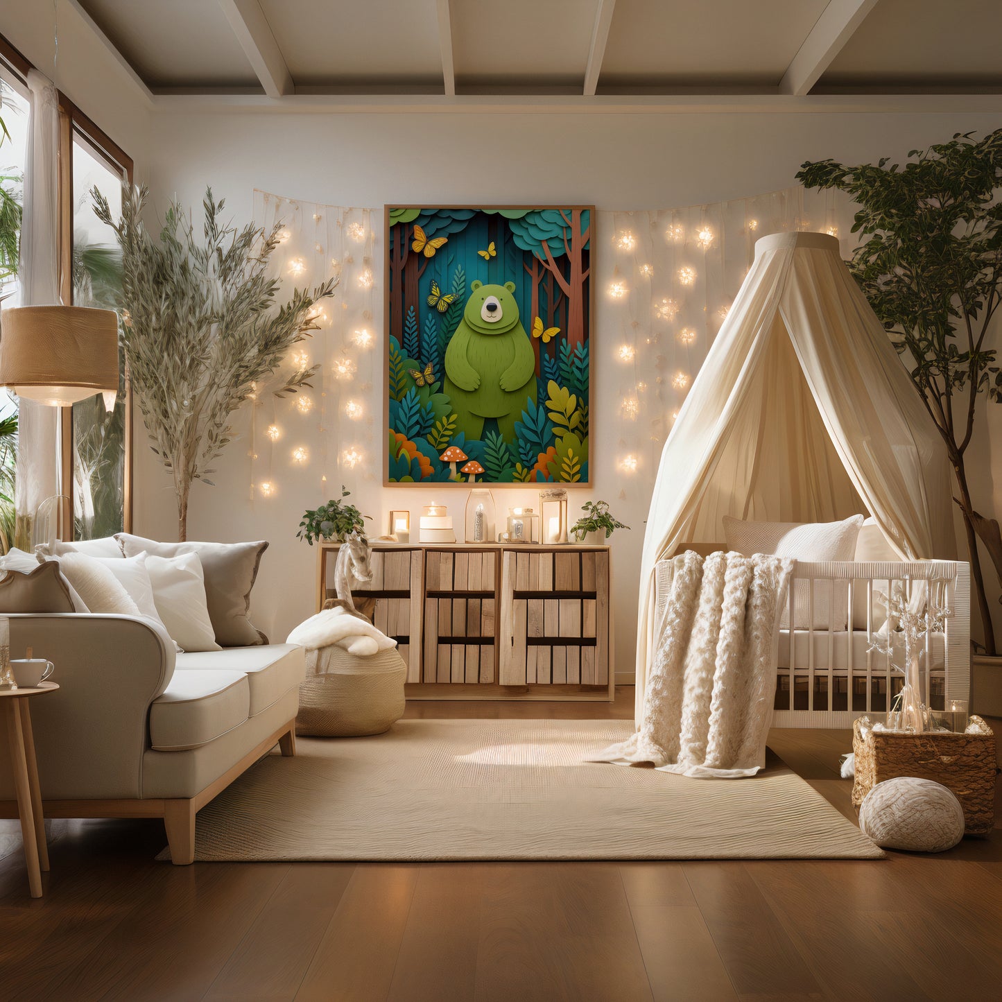 Cozy children's nursery room with a crib, sofa, and decorative Woodland bear nursery wall art print with butterflies and forest illustration.