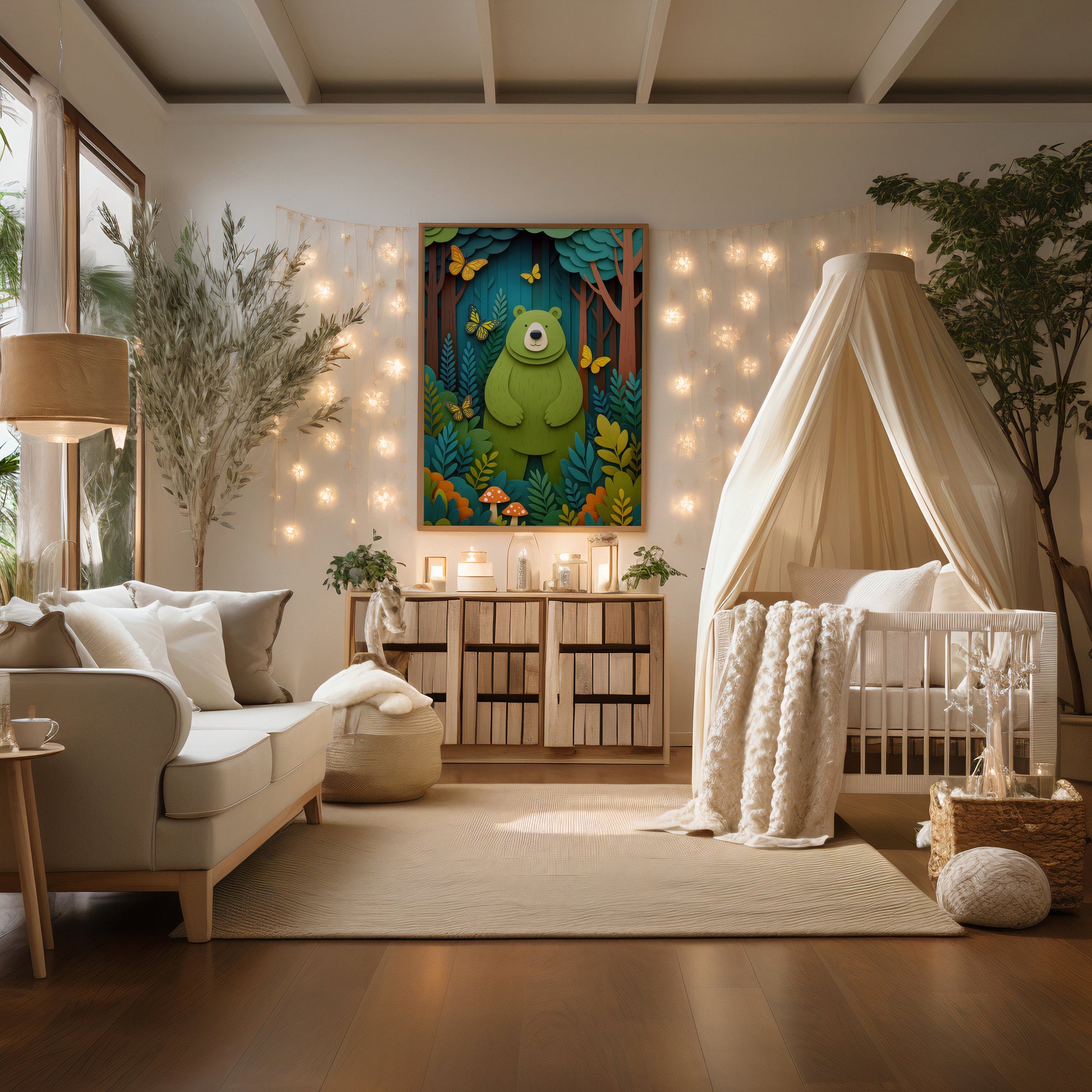 Cozy children's nursery room with a crib, sofa, and decorative Woodland bear nursery wall art print with butterflies and forest illustration.