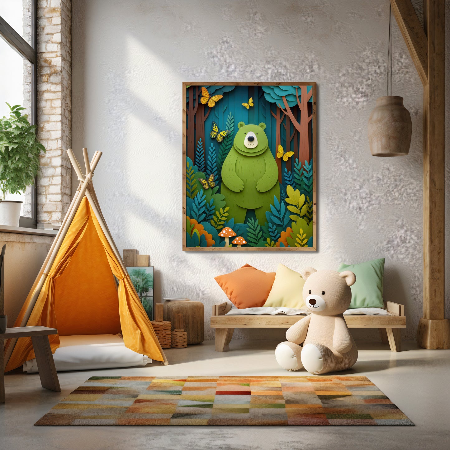 Boys room with a colorful print of a bear .