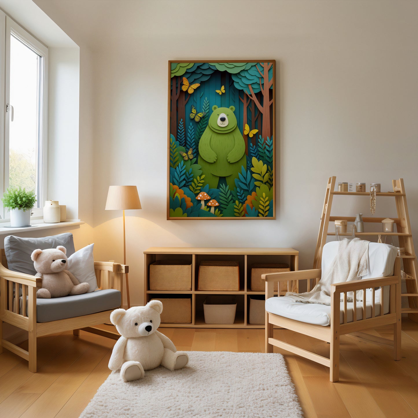 cool Children's room with wooden furniture, teddy bear, and wall art of a bear in a forest.