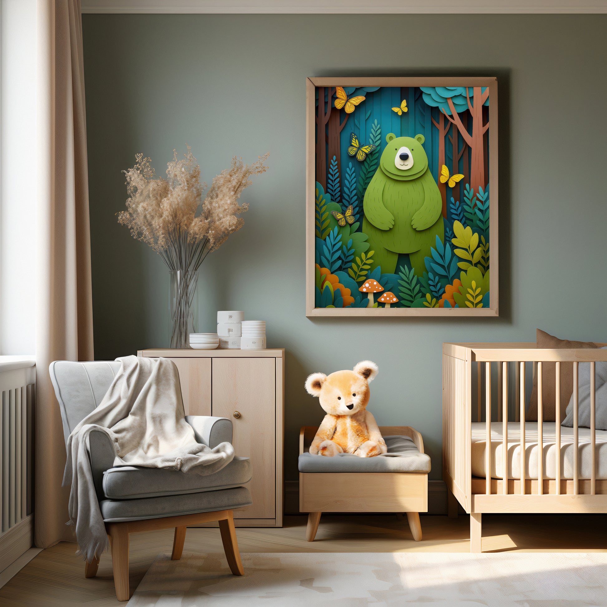 Gender neutral kids room wall art featuring woodland bear  poster with layered paper-cut forest leaves and butterfly details.