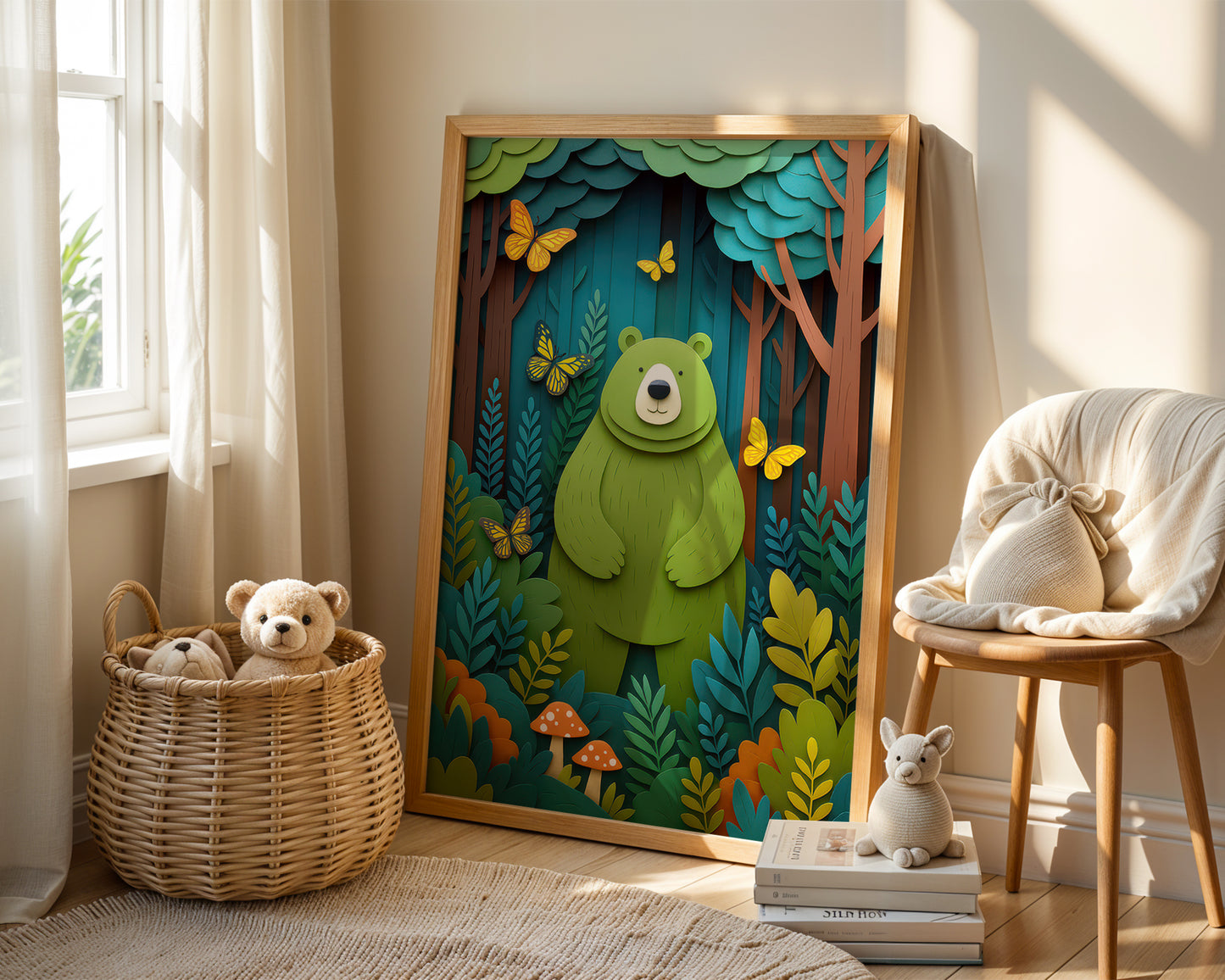 Children's room with a large framed picture of a bear in a forest, teddy bears, and a chair.