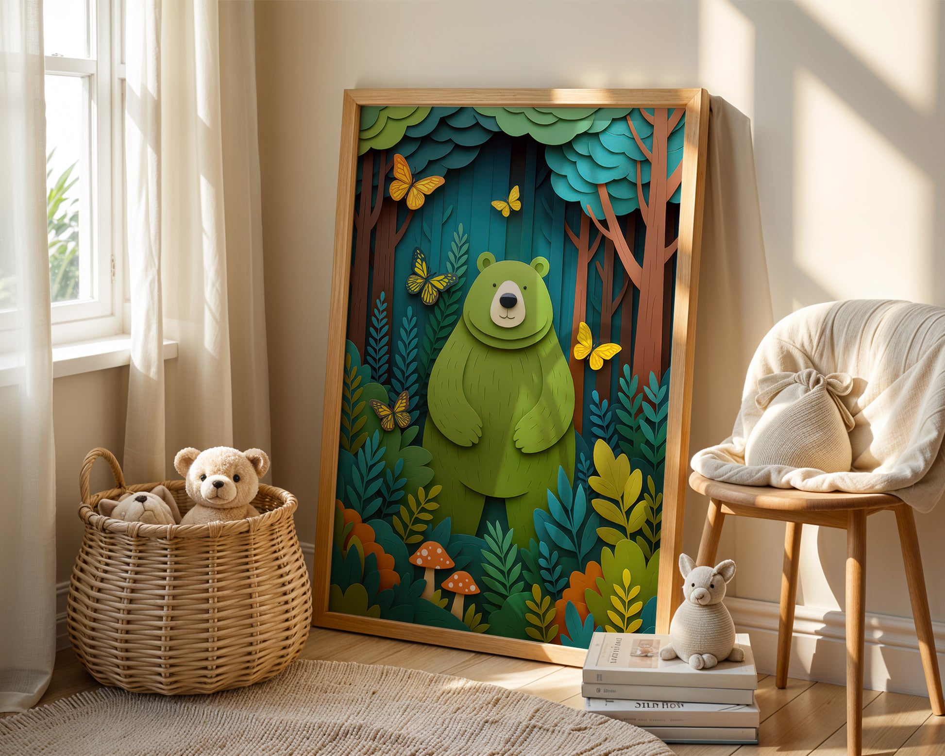 Children's room with a large framed picture of a bear in a forest, teddy bears, and a chair.