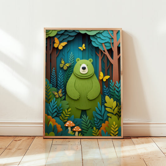 Colourful woodland bear nursery wall art print featuring cute green bear in forest with butterflies and layered paper-cut trees.