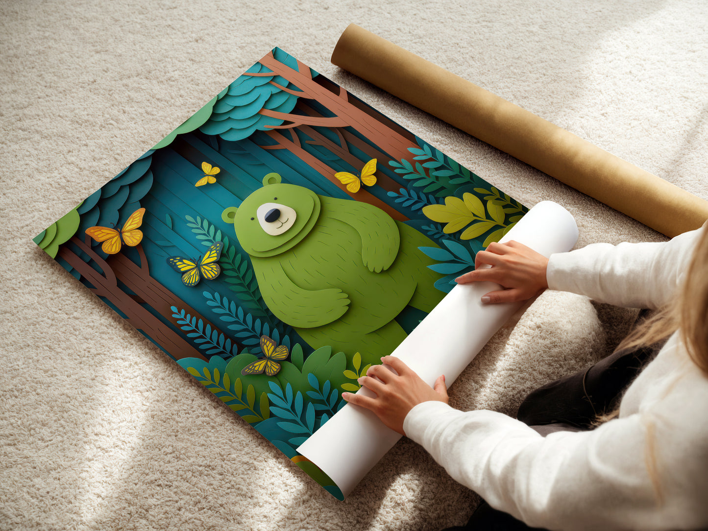 Girl unrolling a colourful poster gift .