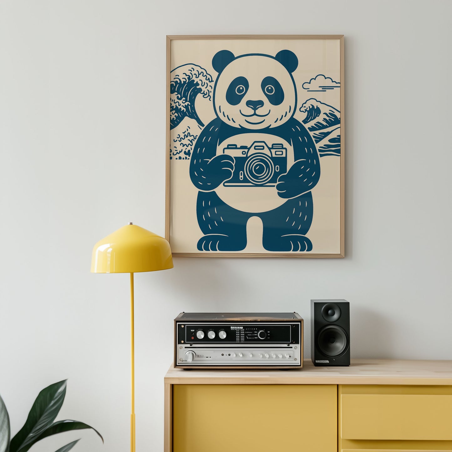 Cute panda holding camera illustration poster with ocean waves