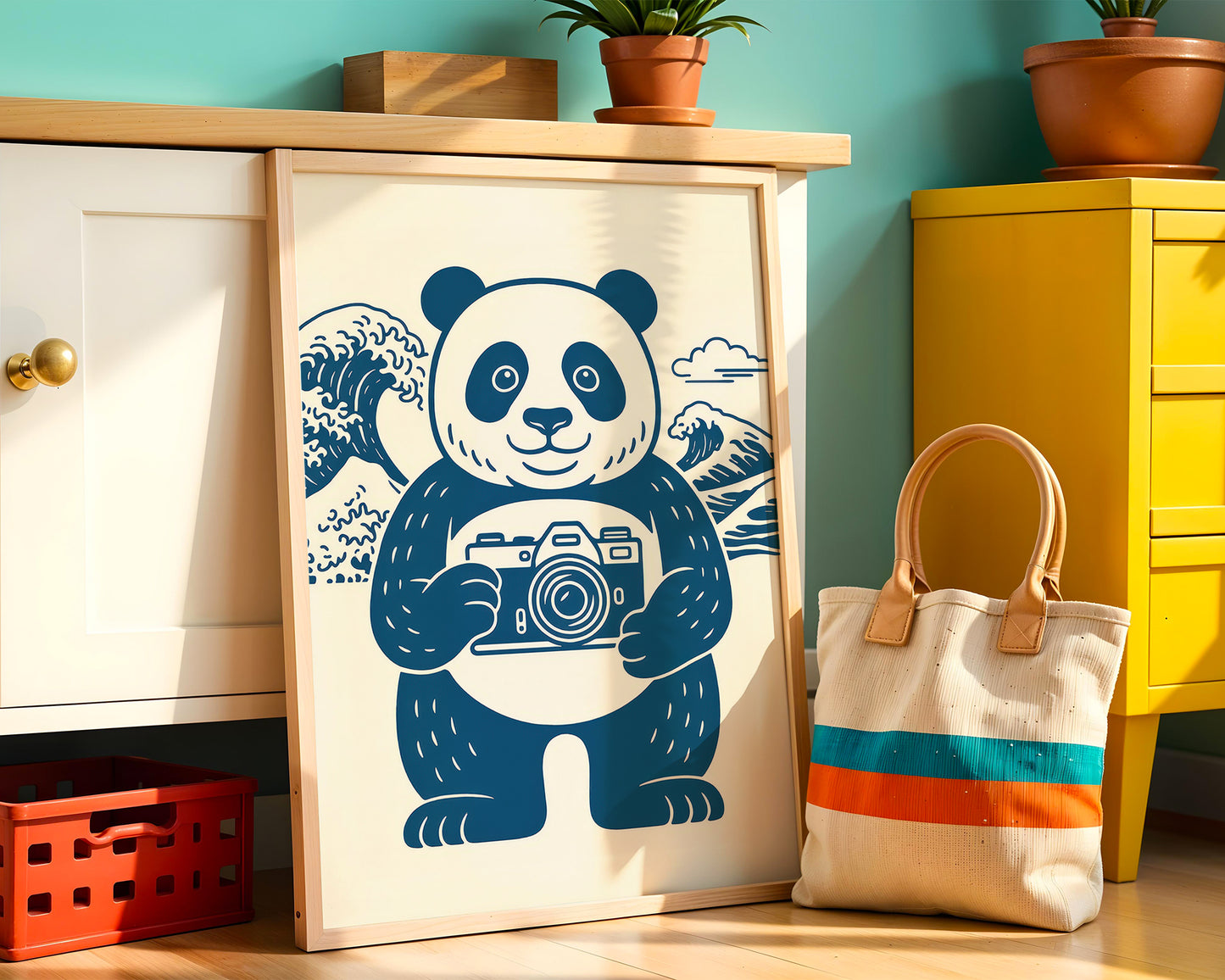 Framed artwork of a panda holding a camera on a shelf with a colorful bag and decorative items.