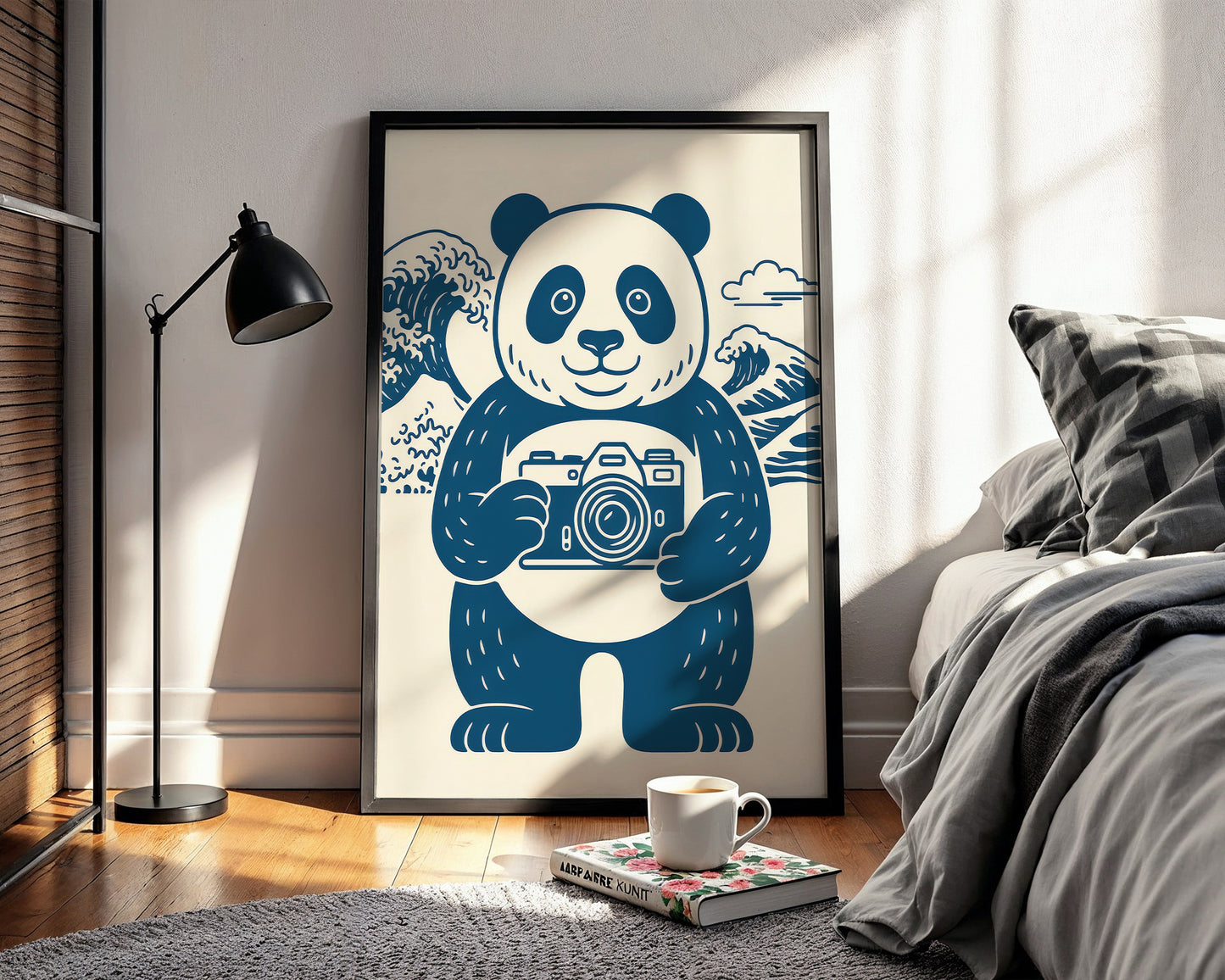 Framed poster of a panda holding a camera in a bedroom setting