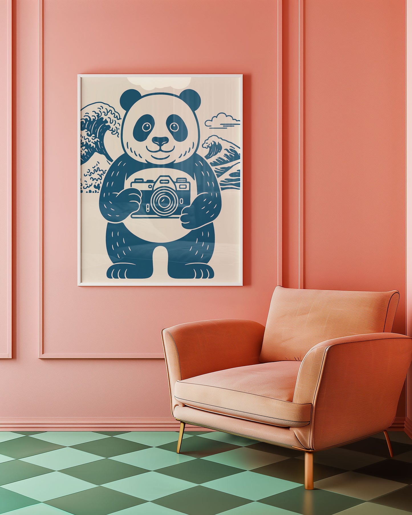 Panda holding a camera illustration on a pink wall above a peach armchair.