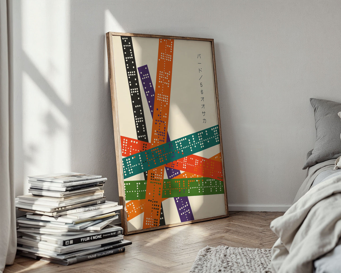 Mid-century modern poster styled in clean Scandinavian inspired Bedroom