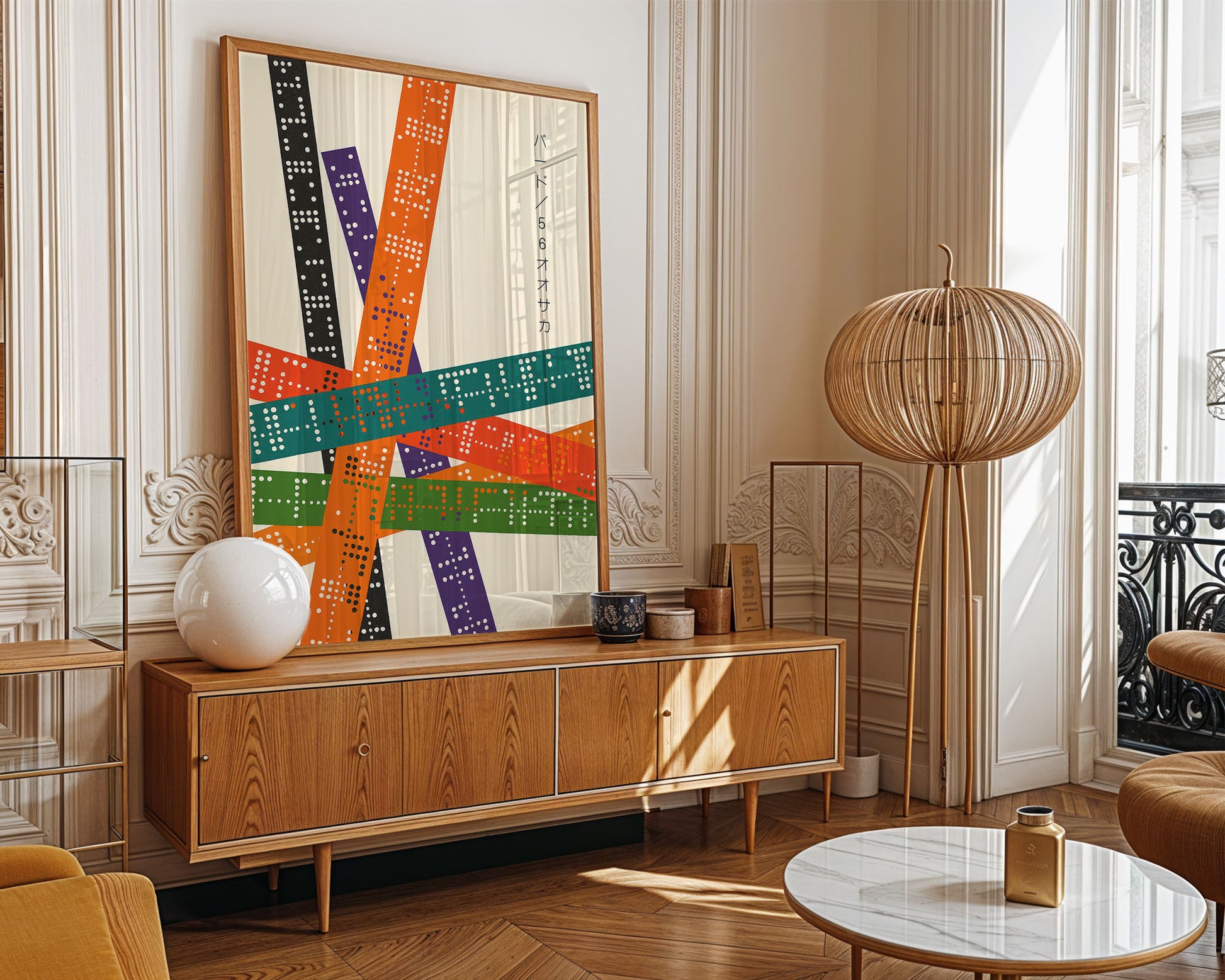 Modern living room with wooden sideboard, colorful abstract Jazz painting, and decorative lamp.
