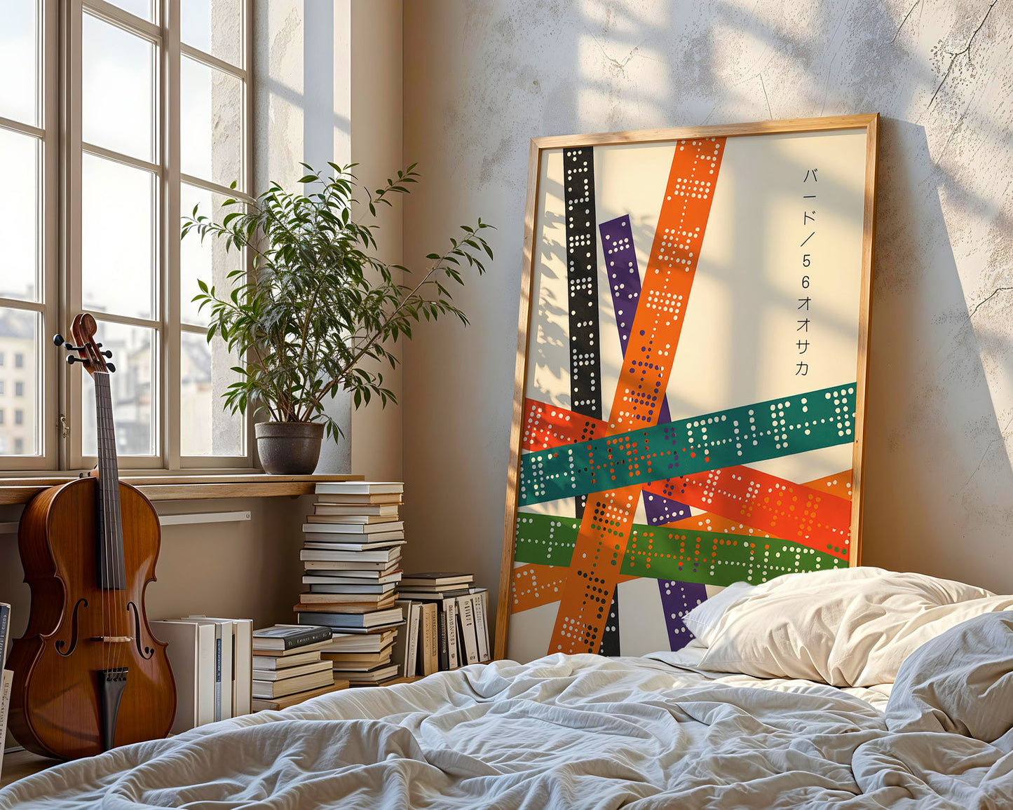Mid-century modern art poster styled in clean Scandinavian inspired bedroom