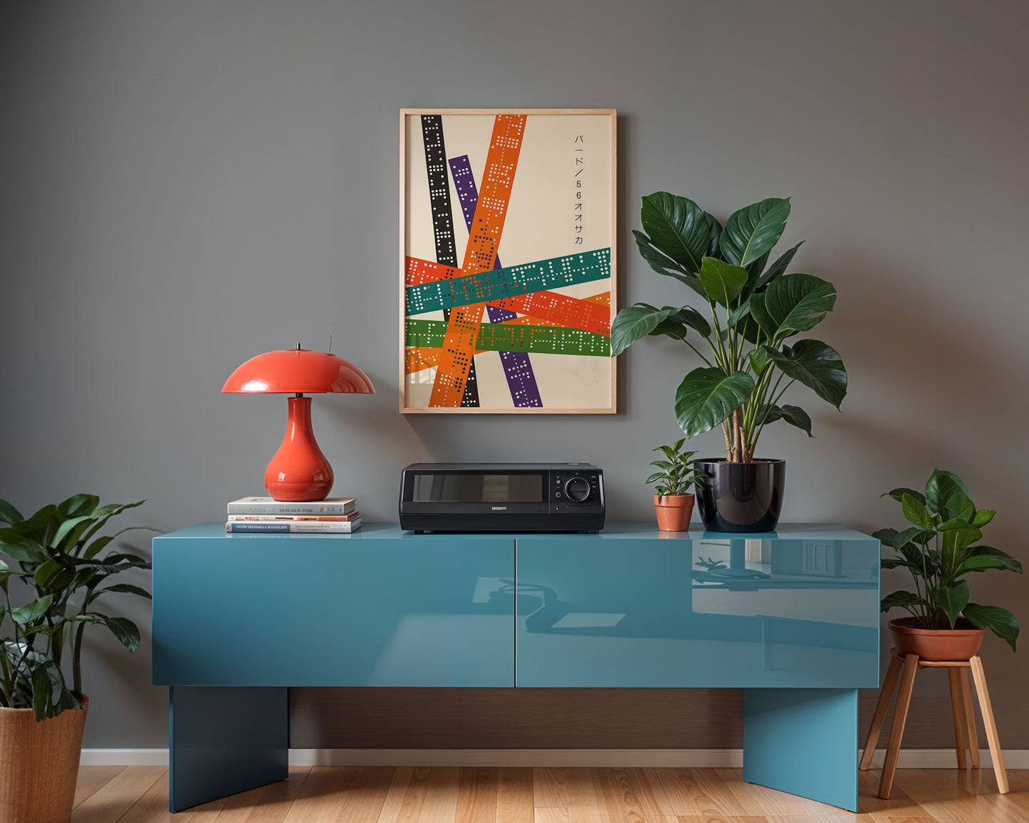 Framed mid-century style wall art print styled against minimalist interior wall