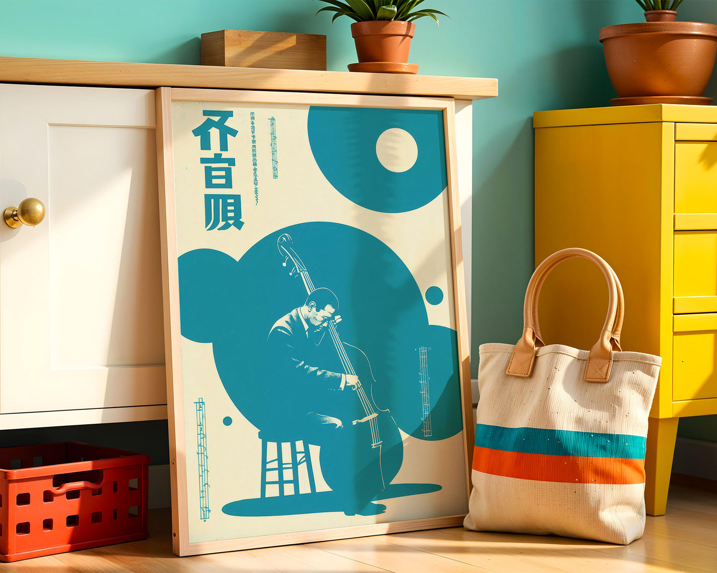 Framed Jazz artwork with a blue silhouette of a person playing a cello, next to a tote bag with orange and blue stripes, on a wooden floor.