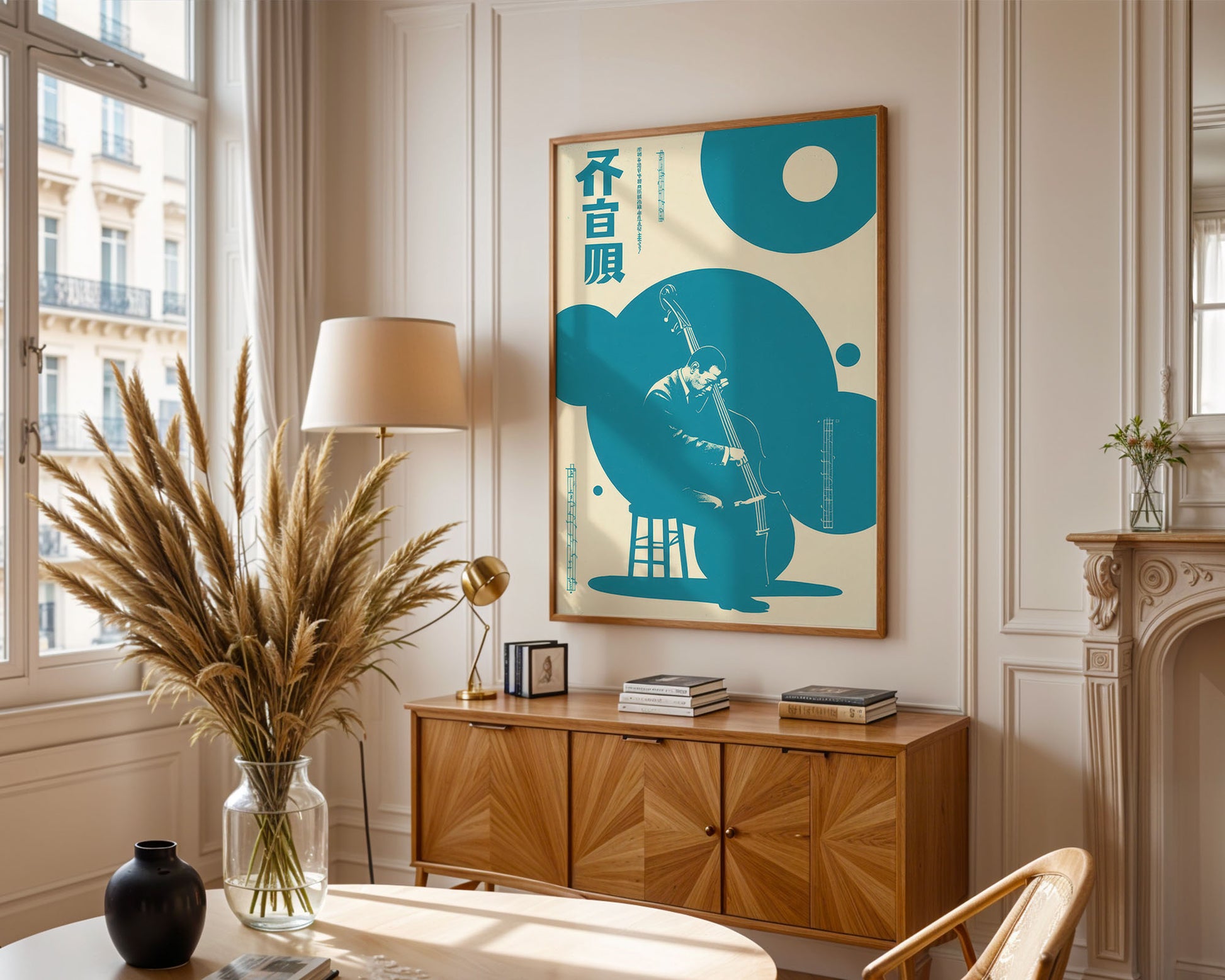 Living room with wooden cabinet, decorative vase, and blue abstract art on wall