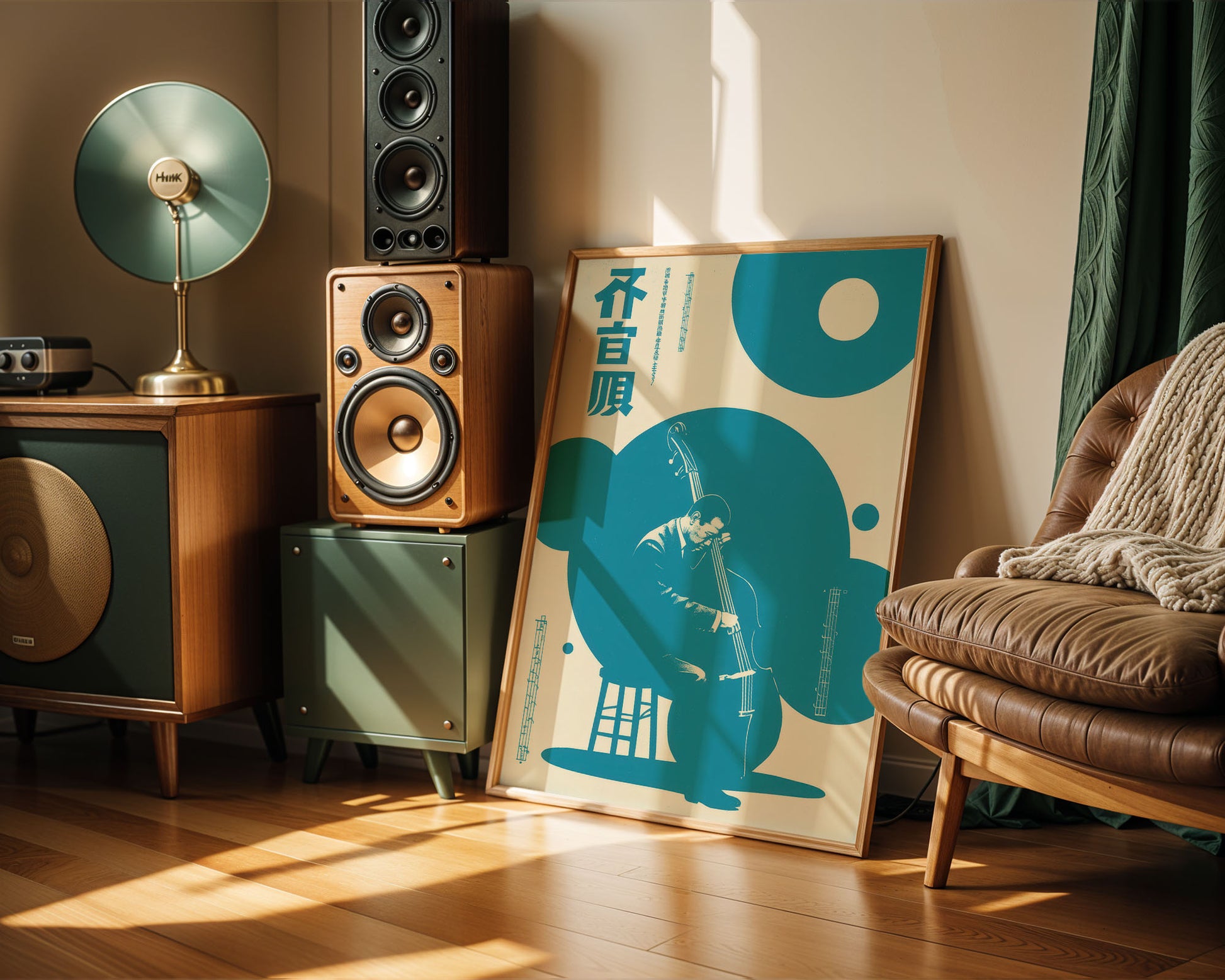 Studio Room interior with speakers, a lamp, and a decorative Jazz poster on a wall.