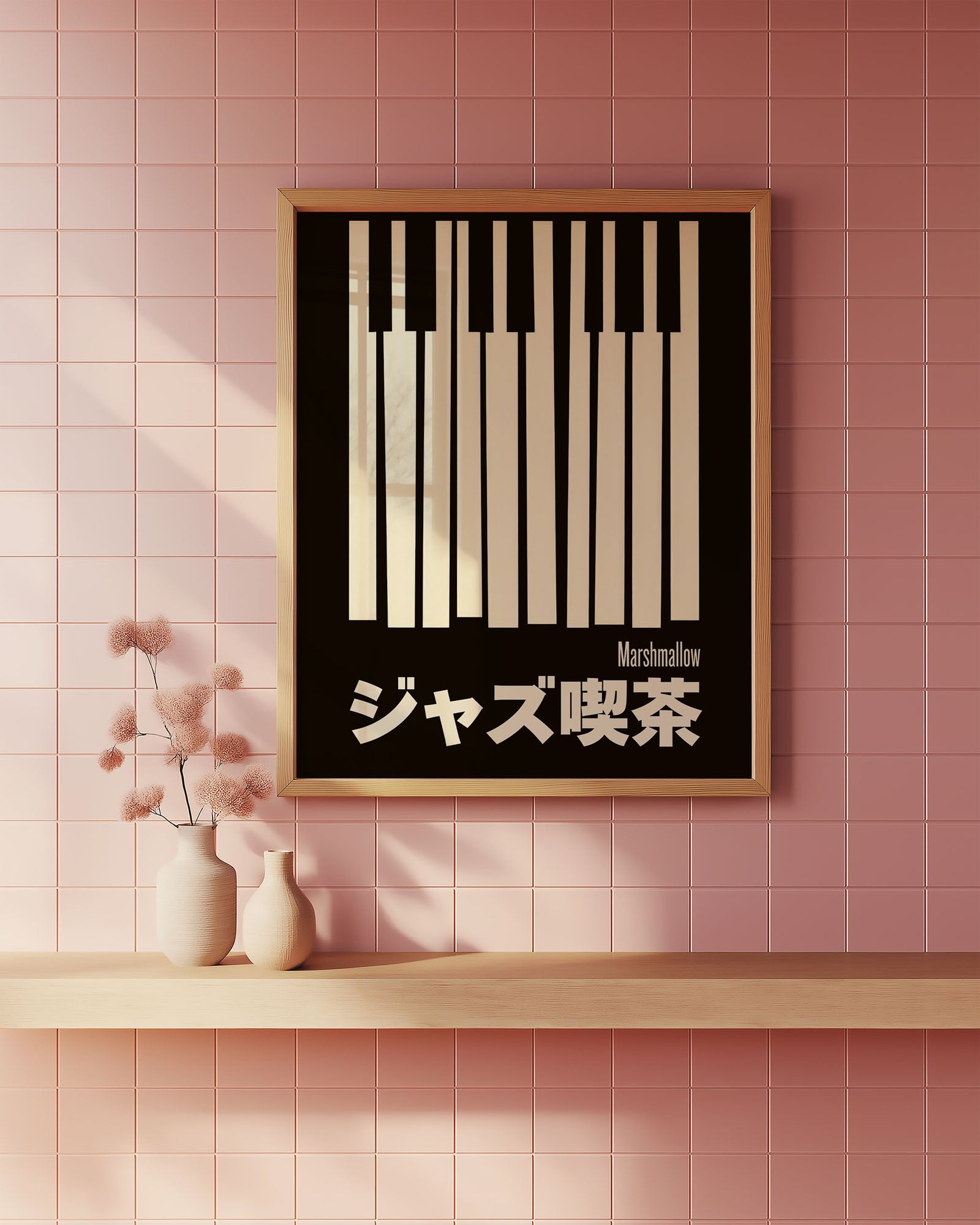 mid-century style Framed poster with black and white design on a pink tiled Bathroom wall