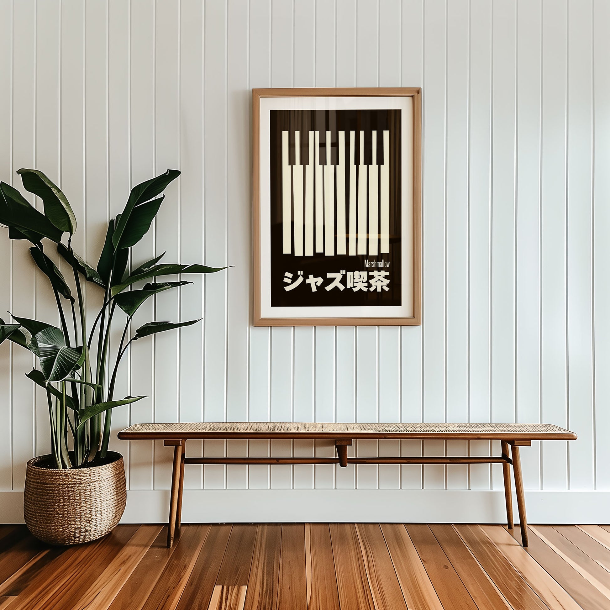 Framed mid-century style wall art print styled against minimalist interior wall