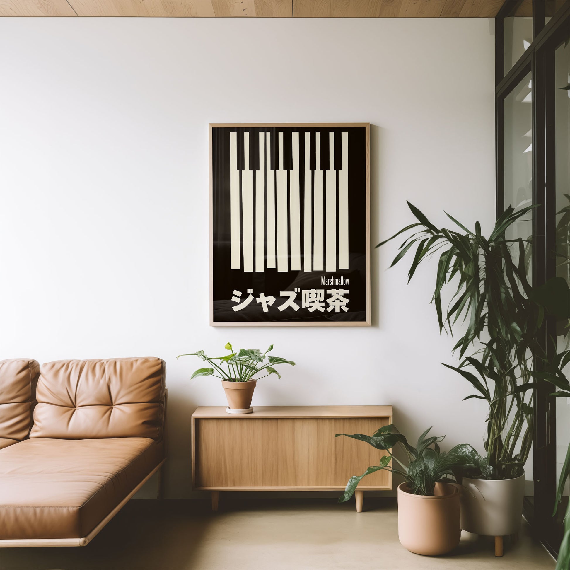 Mid-century modern poster styled in clean Scandinavian inspired living space