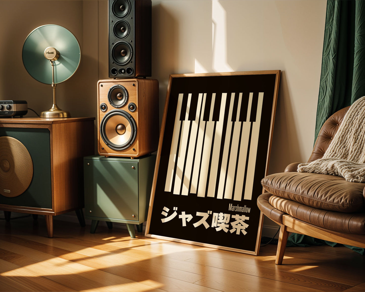 Room interior with speakers, a lamp, and a decorative poster on a wall.