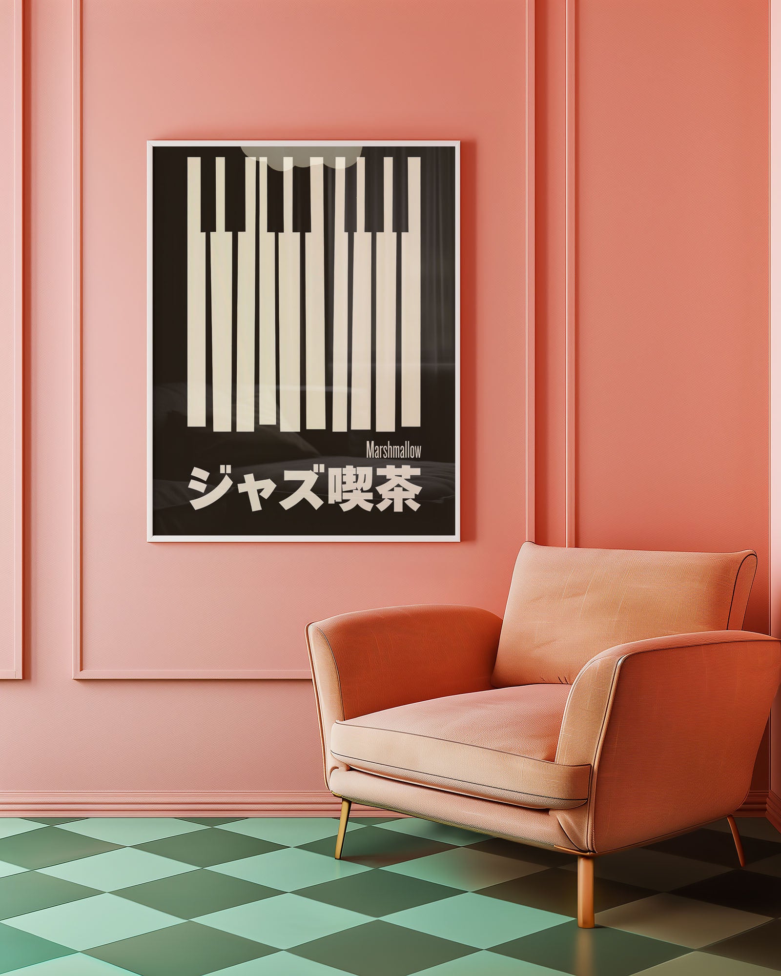 Poster with black and white design on a pink wall above a peach armchair.