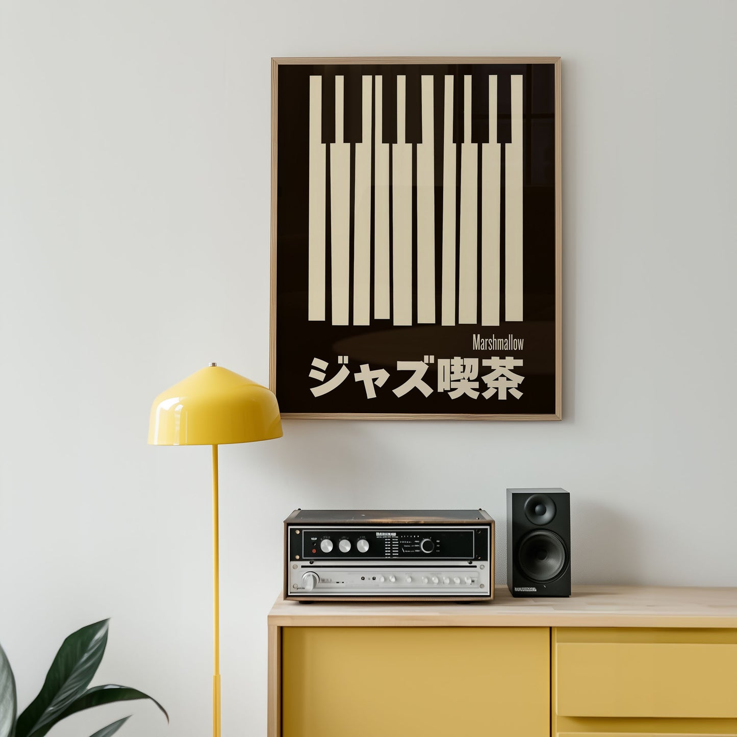 Mid-century modern poster wall art displayed in contemporary living room interior on a wall above a yellow cabinet with stereo equipment.