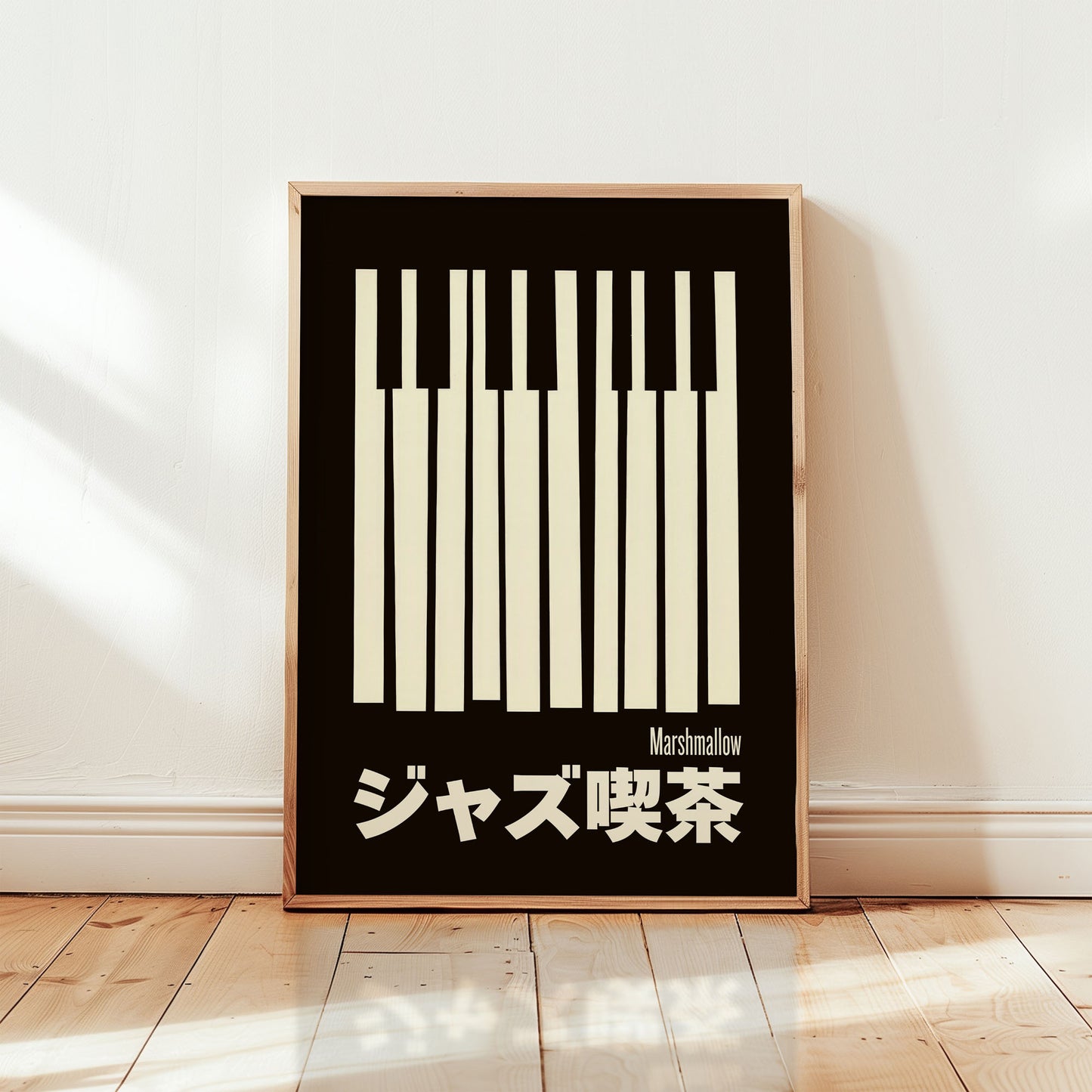 Minimalist piano keys jazz poster featuring Japanese typography and bold mid-century modern design in black and cream from Wallgarde
