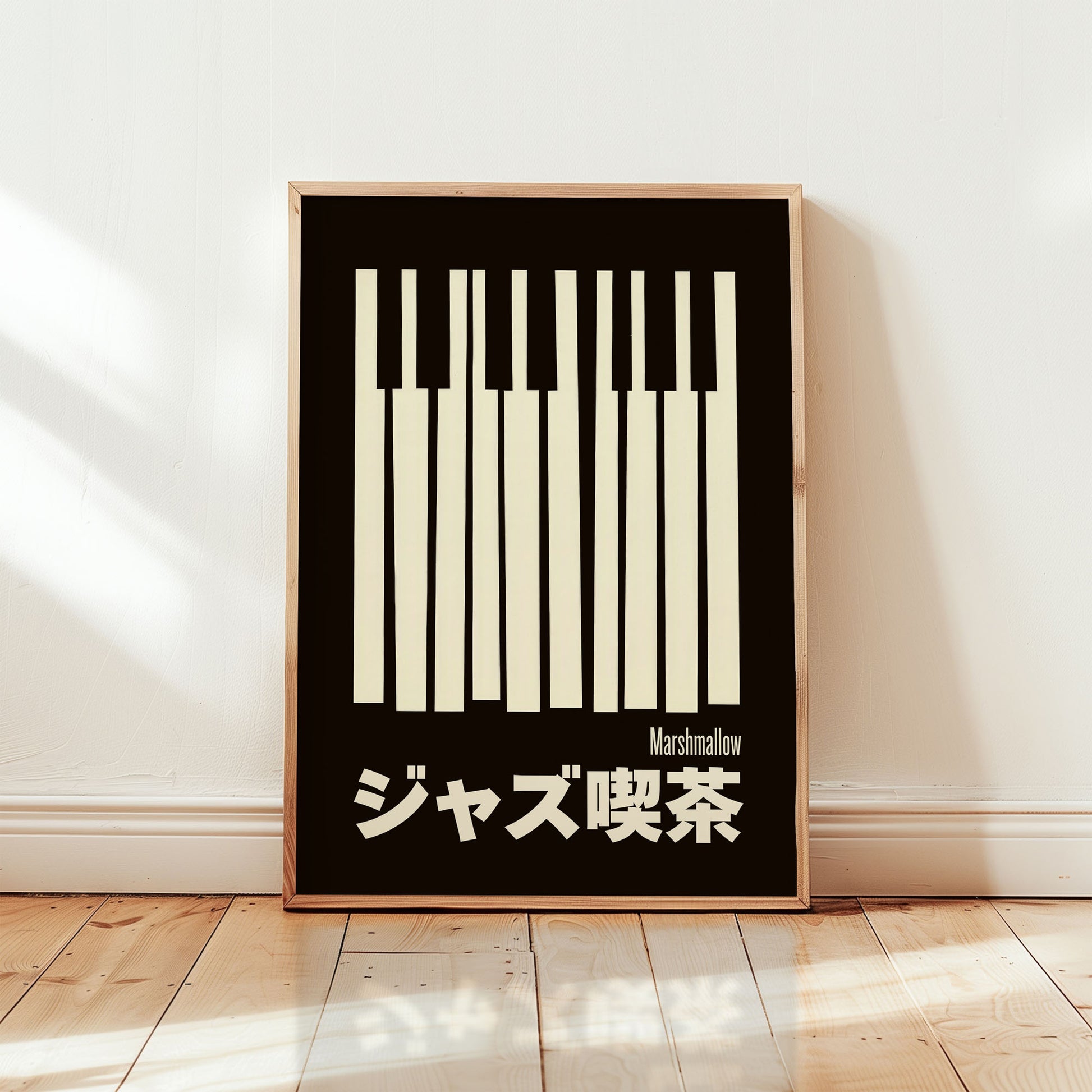 Minimalist piano keys jazz poster featuring Japanese typography and bold mid-century modern design in black and cream from Wallgarde