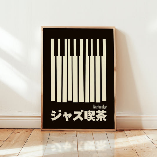 Minimalist piano keys jazz poster featuring Japanese typography and bold mid-century modern design in black and cream from Wallgarde