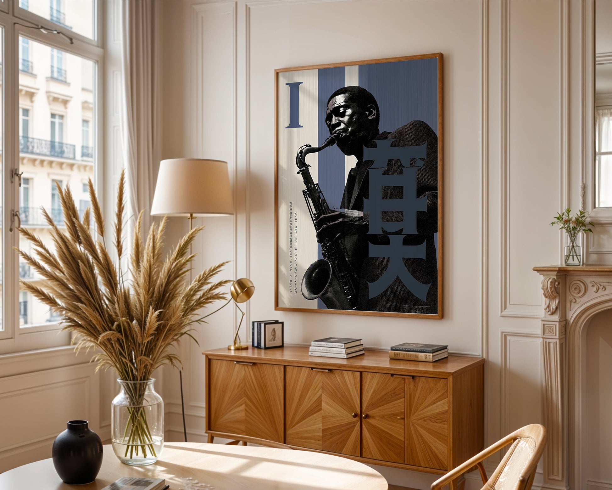 Living room with wooden cabinet, vase with plants, and framed  music jazz artwork of a saxophonist.