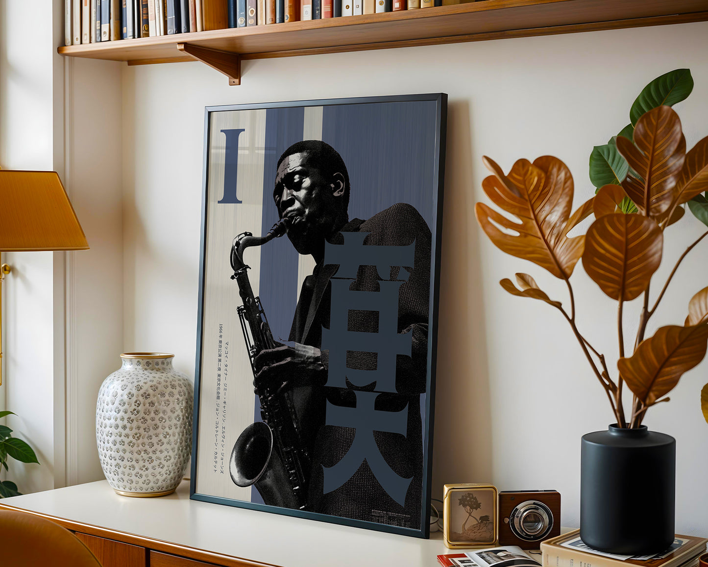 Framed jazz artwork of a musician playing a saxophone on a shelf with decorative items.