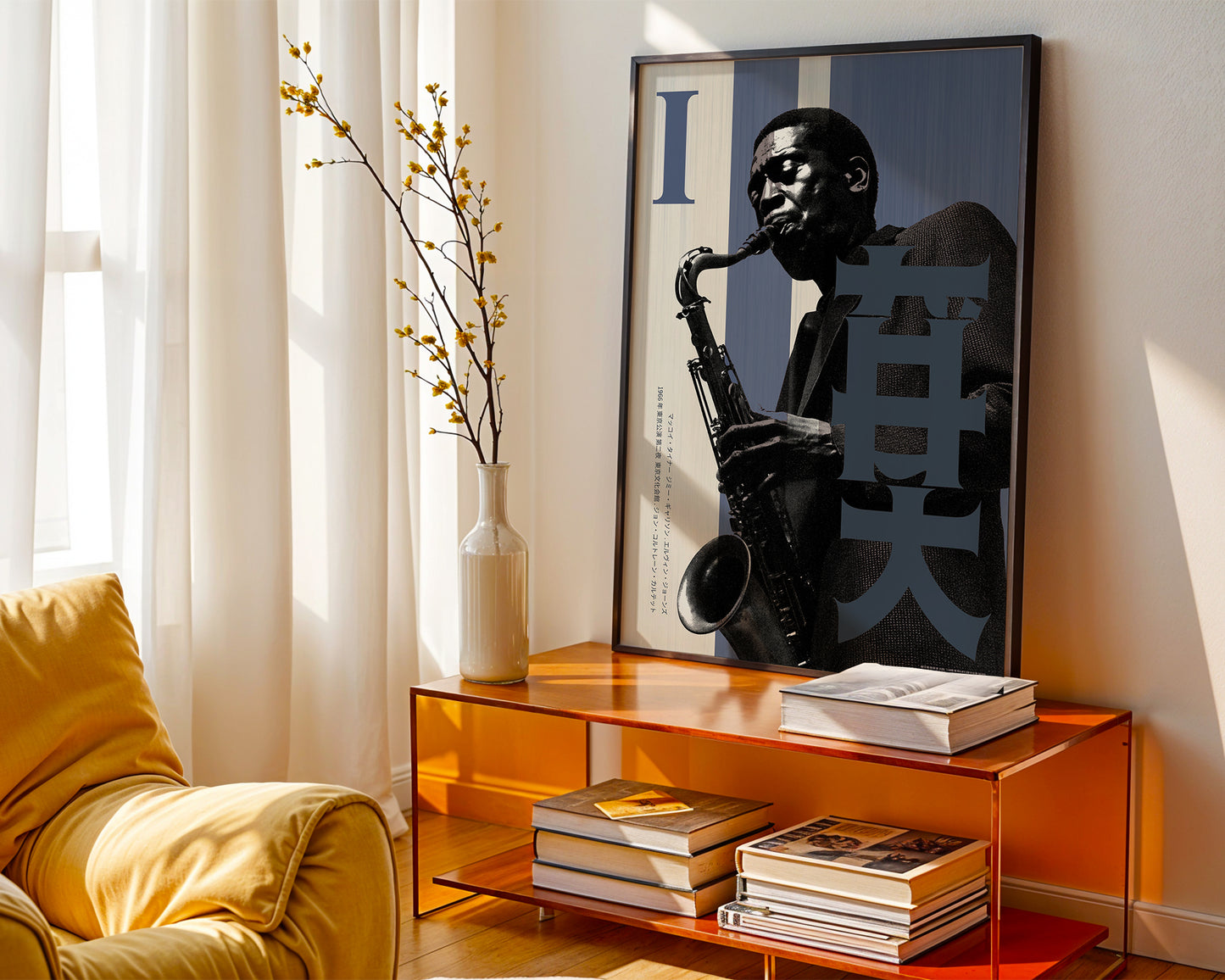 Living room with a yellow armchair, wooden shelf, and framed poster of a man playing a saxophone.