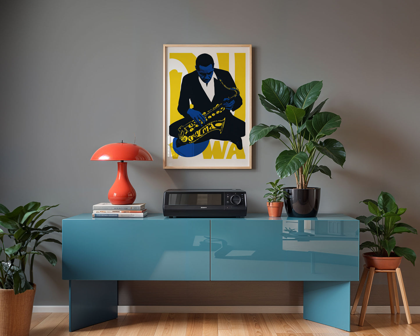 Modern jazz art print of John Coltrane with graphic typography and saxophone illustration in blue and yellow from Wallgarde
