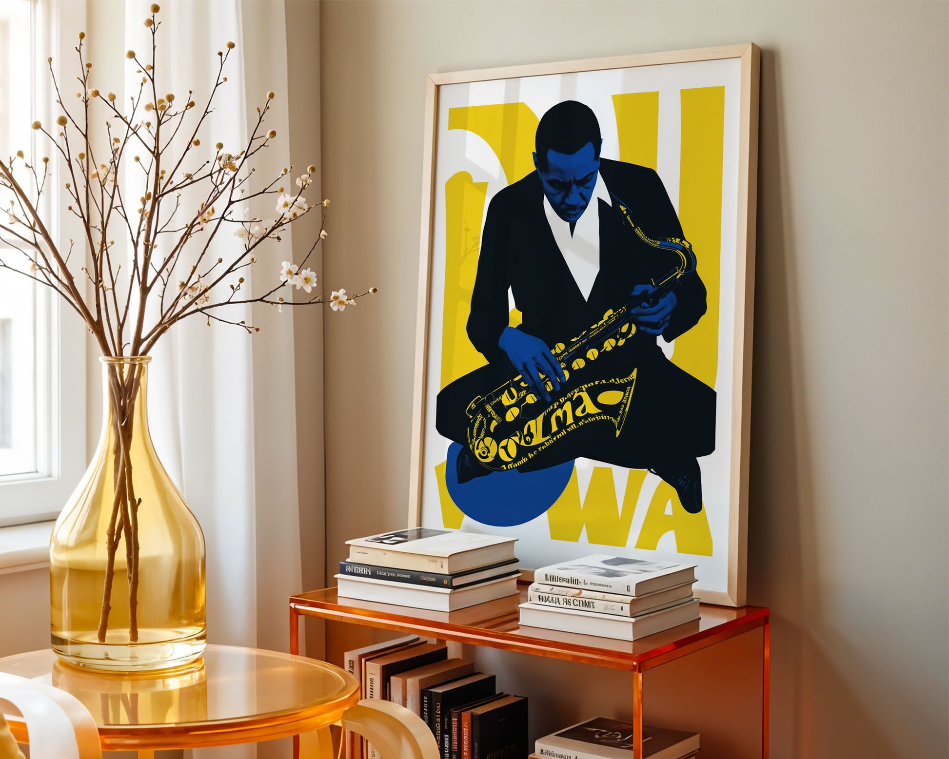 Framed artwork of a musician playing a saxophone on a shelf with books and a vase.