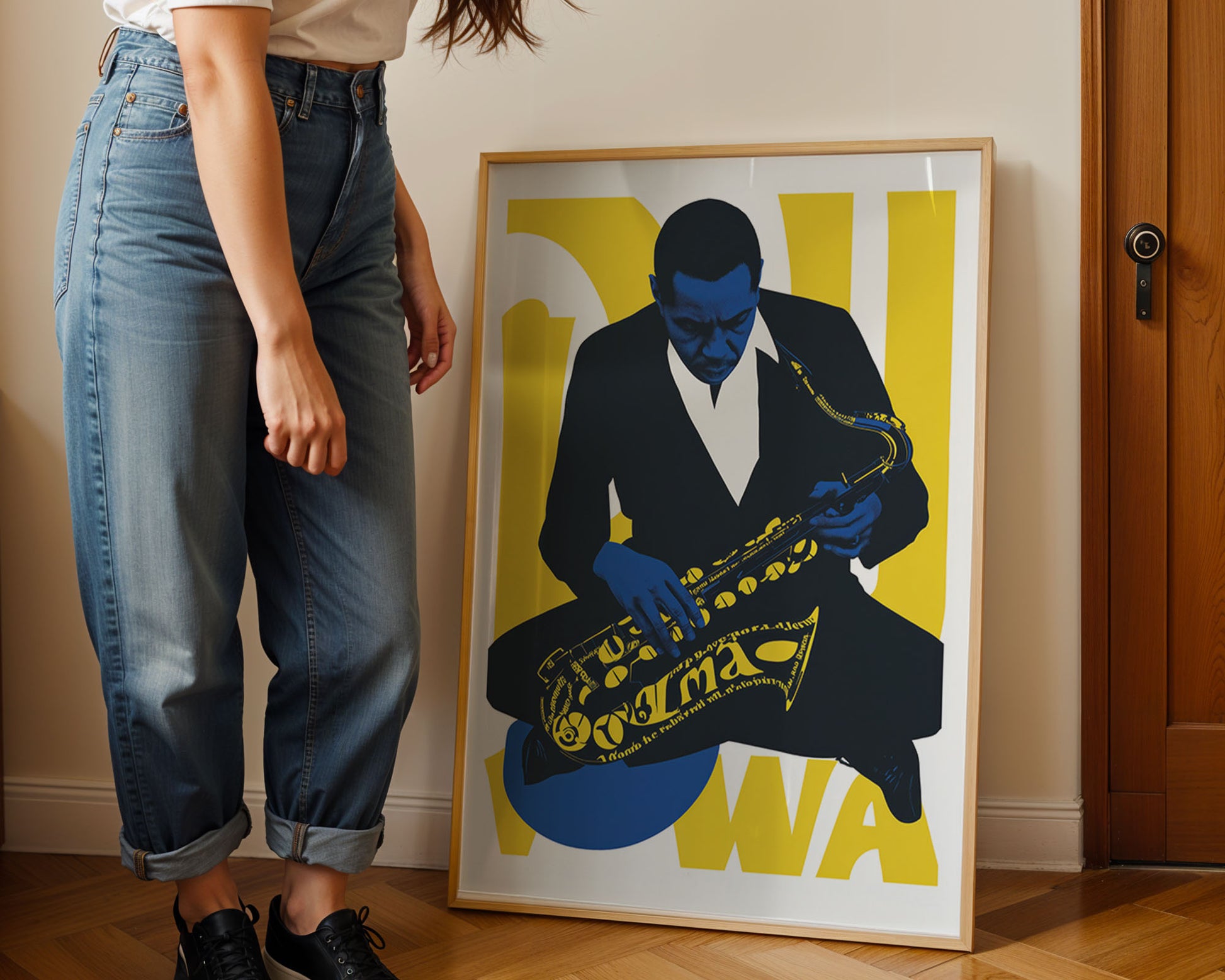 Colourful mid-century style poster adding bold accent to modern home interior